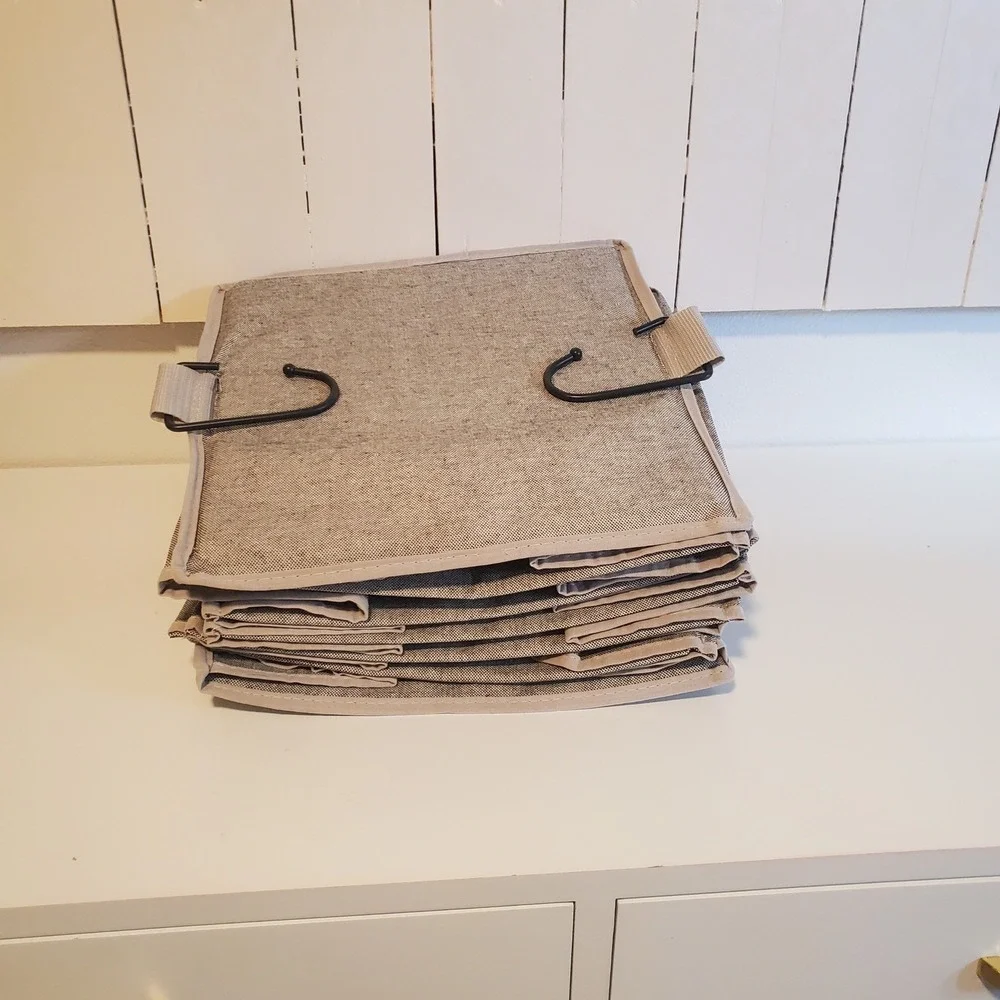 Grey 6-Shelf Hanging Closet Organizer with Side Pockets and Metal Hooks